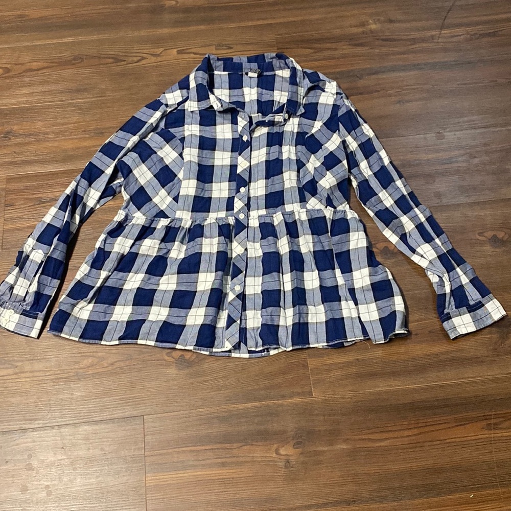 Torrid Blue White Plaid Peplum Button Front Blouse Long Sleeve SIZE 2